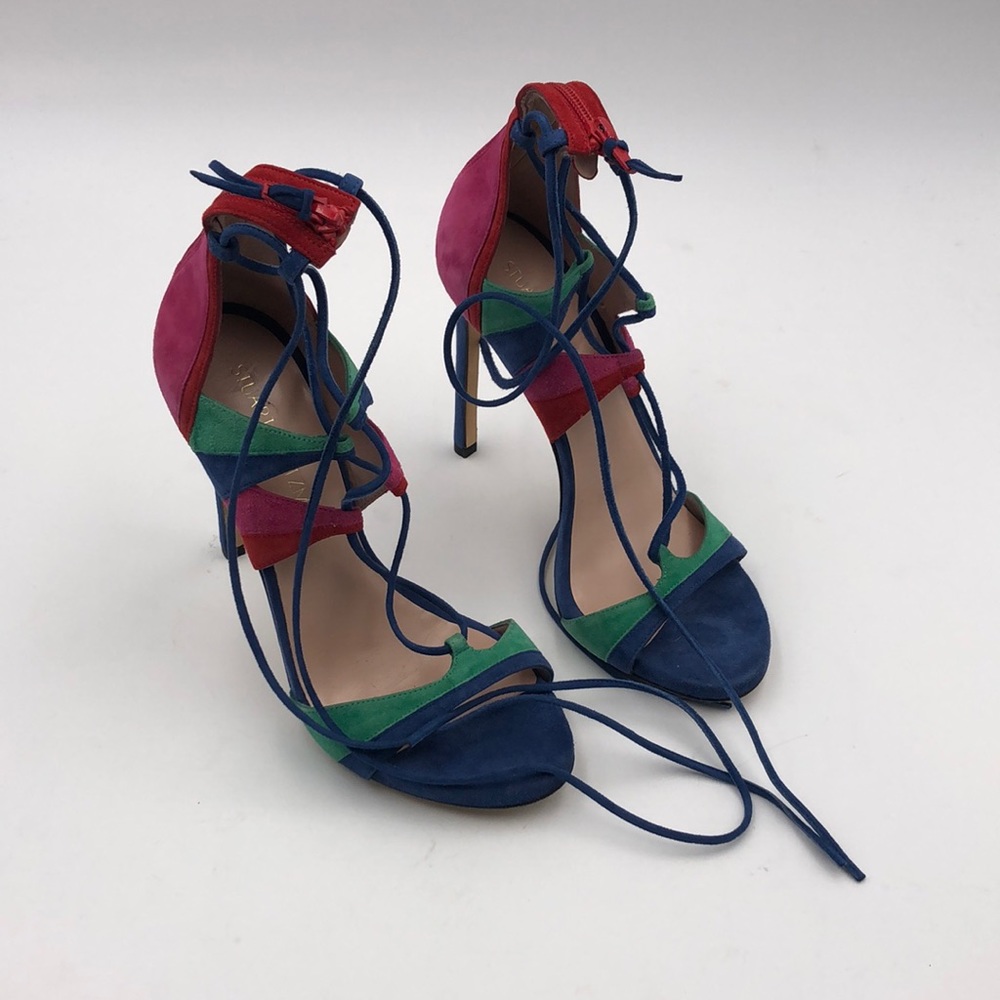 NWOB Stuart Weitzman Legwrap Song Suede Colorblock Lace Up Strappy Heels - Picture 8 of 13